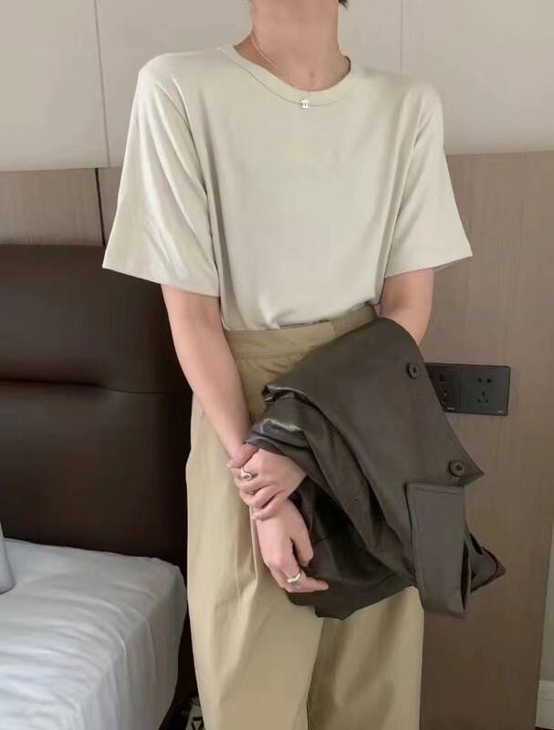 New in autumn! [FEIDING] round neck pullover all-match solid color short-sleeved T-shirt YS2-5828# CLS