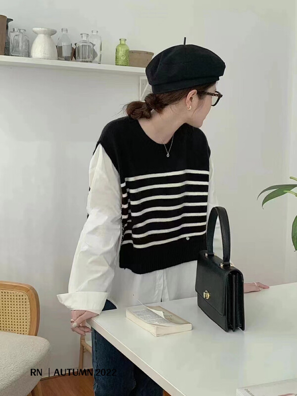 New in early autumn! [R N] color matching thin pullover comfortable long-sleeved T-shirt 82008# L