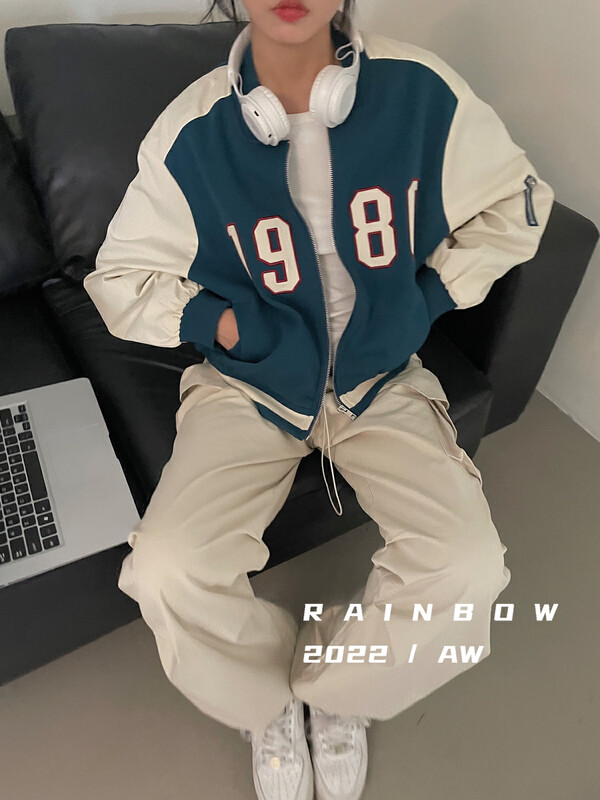[RAINBOW] Explosive bright line 1980 American retro contrast color short jacket 09136