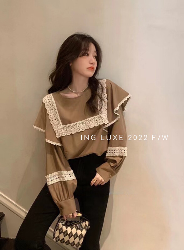 [ING] High-quality retro lace stitching shirt 9362