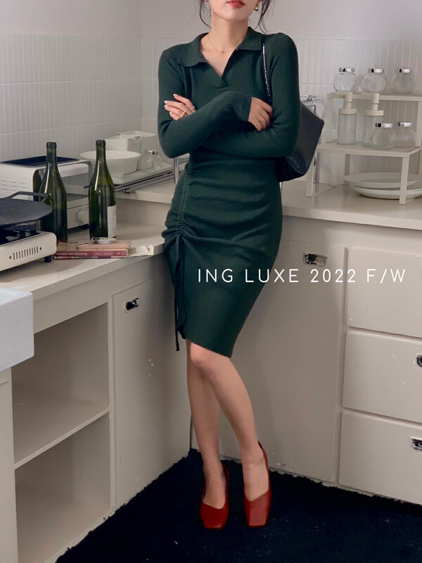 [ING] Temperament Slim Fit Drawstring Hip Knit Dress w3737