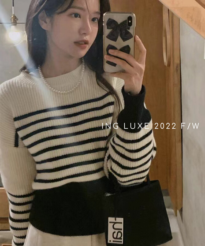 【ING】Korean style retro contrast color striped button sweater w3797
