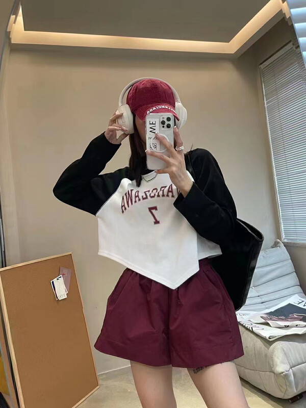 [RAINBOW] Explosive Style Contrast Sleeve Letter Chain Short Sweater 08516