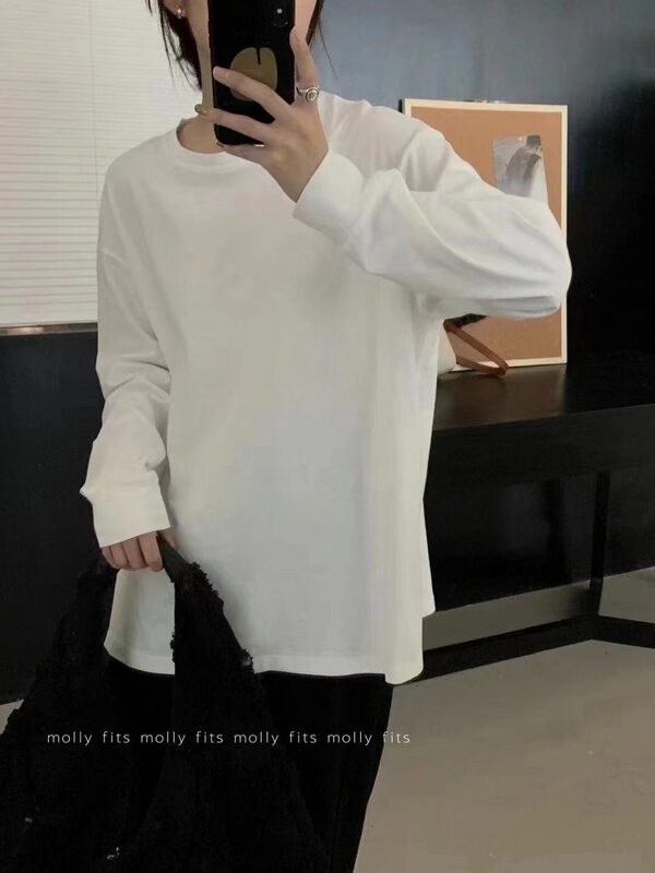 New in early autumn! [SUSAN] round neck pure white slit long-sleeved T-shirt 11172# LSW