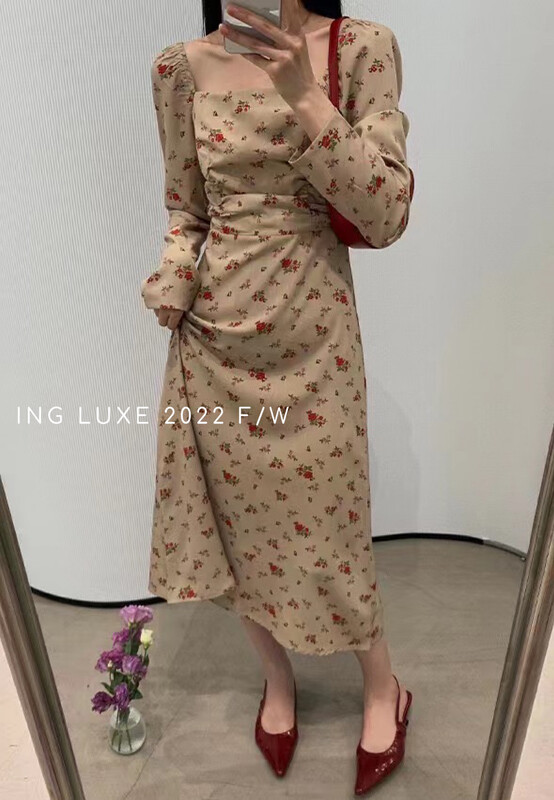 【ING】French temperament pleated waist floral dress 8097