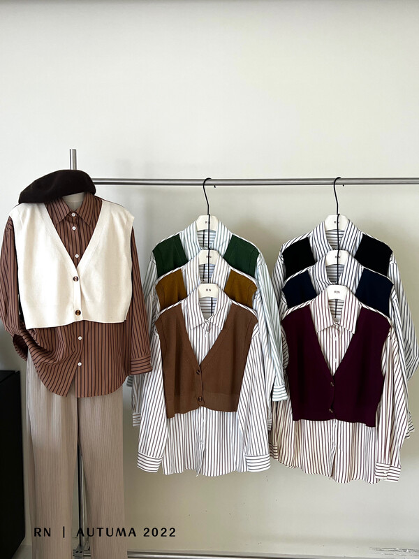 New in autumn! [R N] Fashionable temperament stitching vertical striped shirt 82129# L