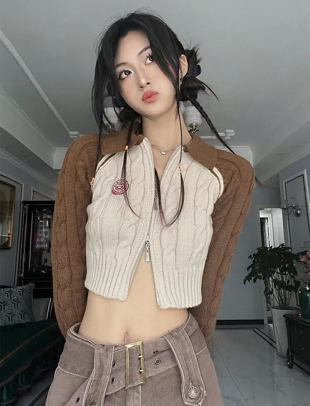 [RAINBOW] Explosive polo lapel contrast sleeve zipper net red sweater 8975