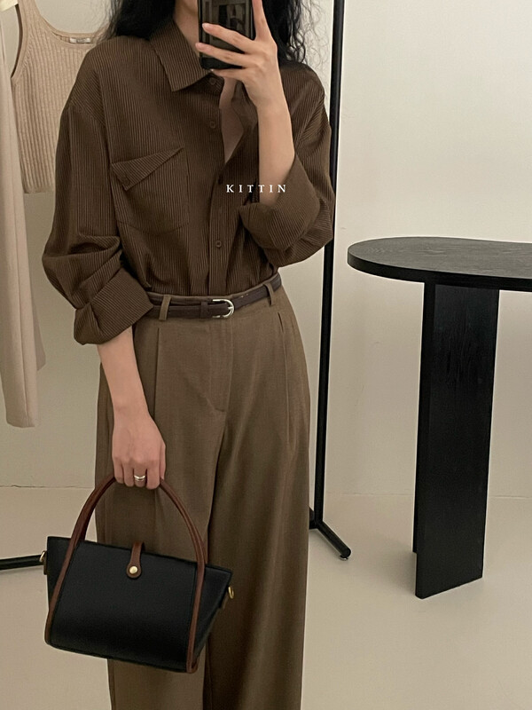【KITTIN】Korean style striped pocket shirt 8681