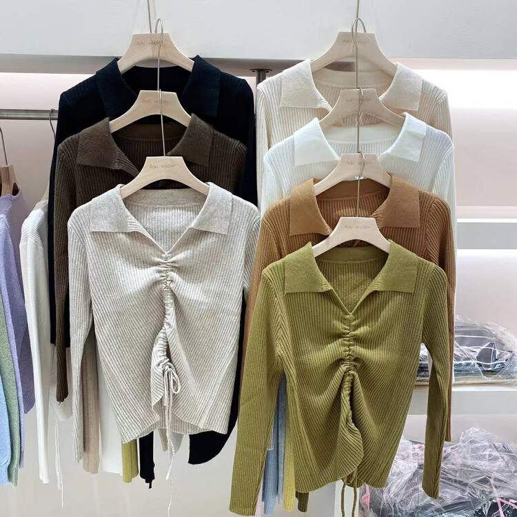 New in autumn! [Fire Music] V-neck drawstring slim pullover Korean knitted sweater 1375# WTT