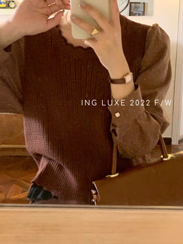 Original price 66.55! [ING] Temperament mesh puff sleeve stitching knitted sweater w3718