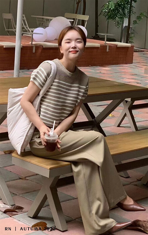 New in early autumn! [R N] round neck striped thin and comfortable short-sleeved T-shirt 81953# L
