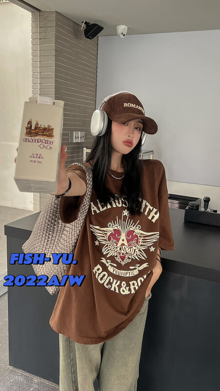[FISH YU] American retro love letter printing washed nostalgic short-sleeved T-shirt 22557
