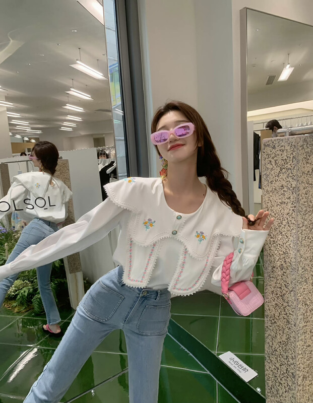 [ALALA EMELIA] Niche Haute Couture Embroidery Craft College Wind Heavy Industry Beaded Top Shirt S2095