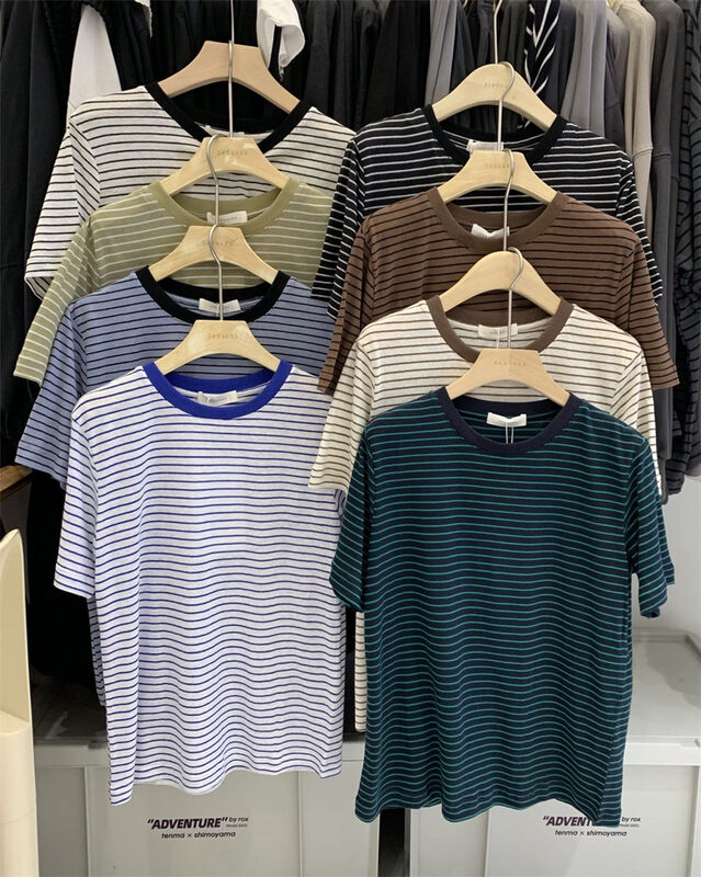 New in early autumn! [SANBARA] round neck striped all-match short-sleeved T-shirt Y9753# LSW
