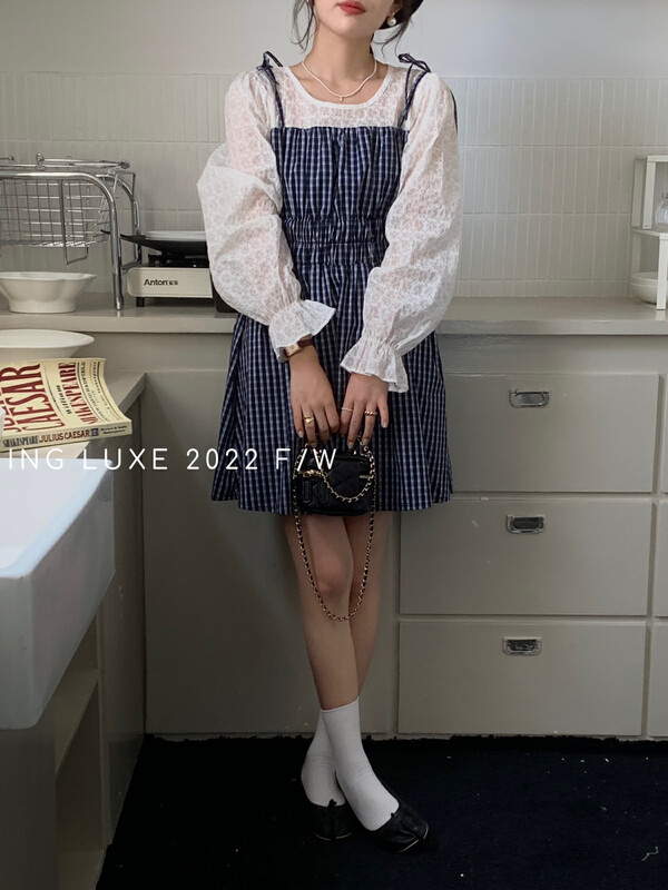 【ING】French niche fake two-piece plaid suit 9221