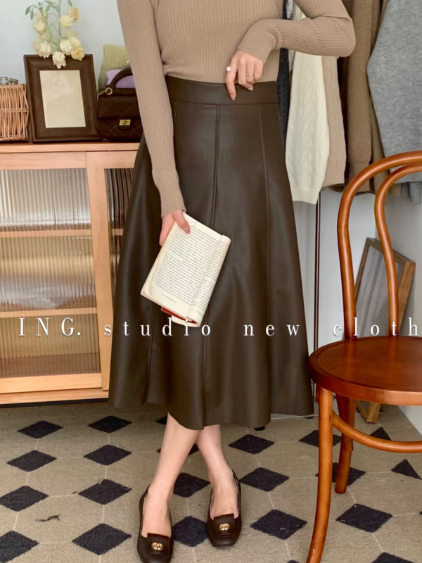 【ING】High waist slim pu umbrella skirt skirt 8021