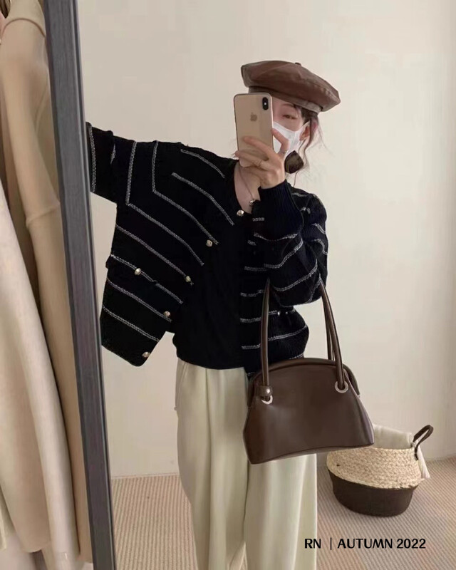 New in autumn! [R N] Striped comfortable all-match knitted cardigan 82959# L