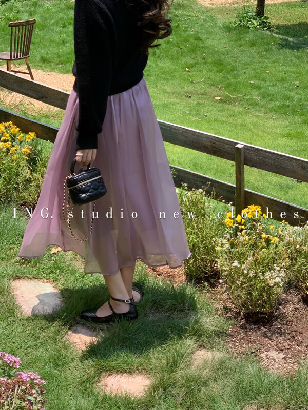 【ING】Elegant and elegant high waist bright silk skirt 8012