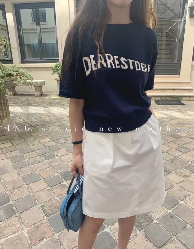 【ING】Korean version all-match round neck letter short-sleeved knitted sweater w3612