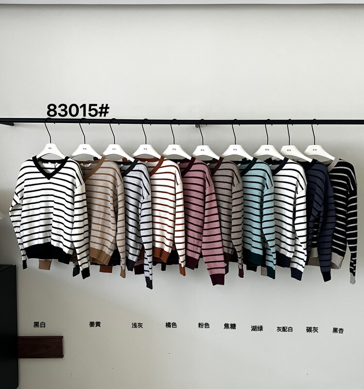 New in autumn! [R N] Korean simple V-neck striped all-match warm sweater 83015# L