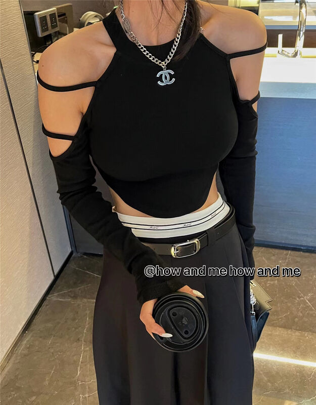 Autumn is new!【 HOW AND ME Cheng Xi】Hot girl slim fit off-shoulder design small shirt 5163# CQW
