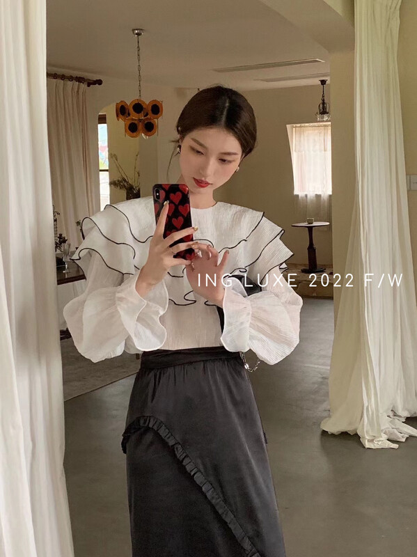 Original price 62.04! [ING] Wavy texture lapel chiffon shirt 9262