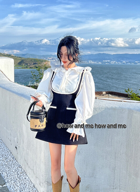 New in early autumn!【 HOW AND ME Cheng Xi】Korean Tie Shirt + Color Matching Small Fragrance Strap Skirt Suit 5071# LSL