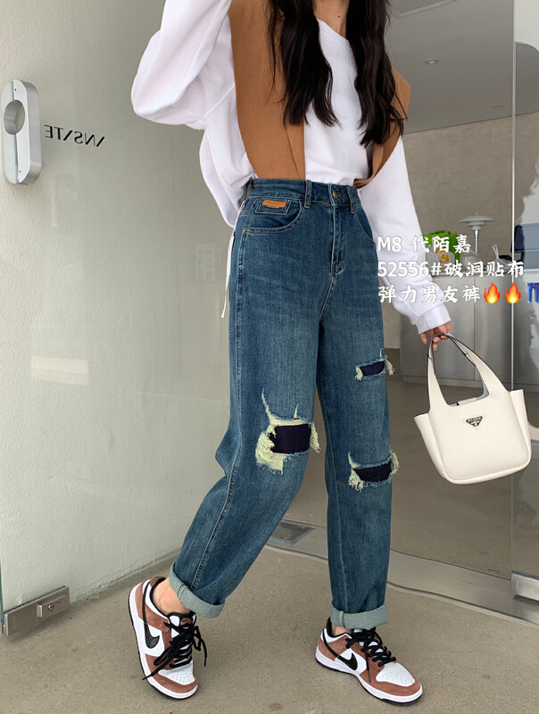 New in autumn! [M8 denim] ripped-out design retro slim jeans 52566-2# JHY