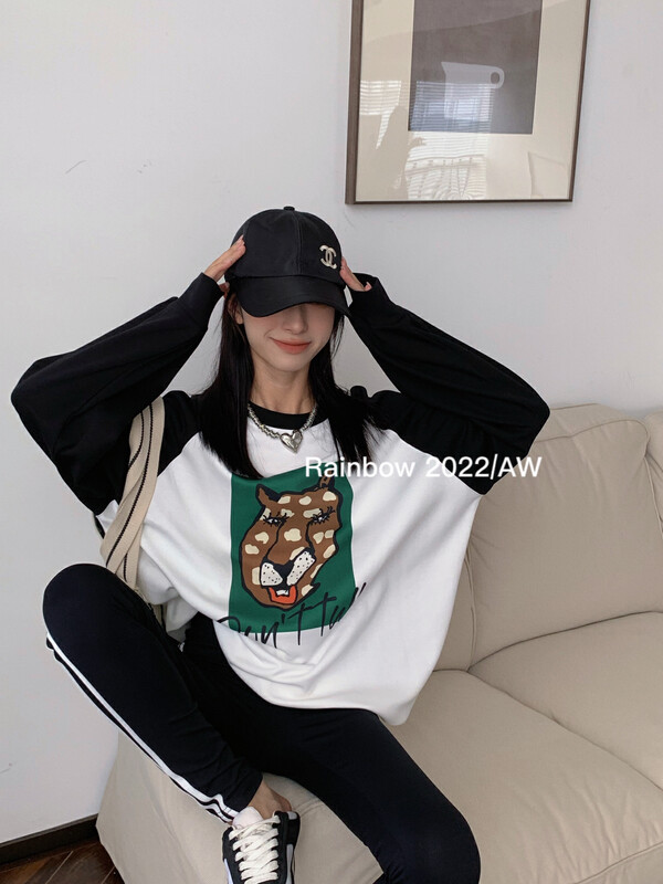 Original price 77.83! [RAINBOW] Explosive style sweater with rubbing shoulder and color tiger head pattern 08339# FHX