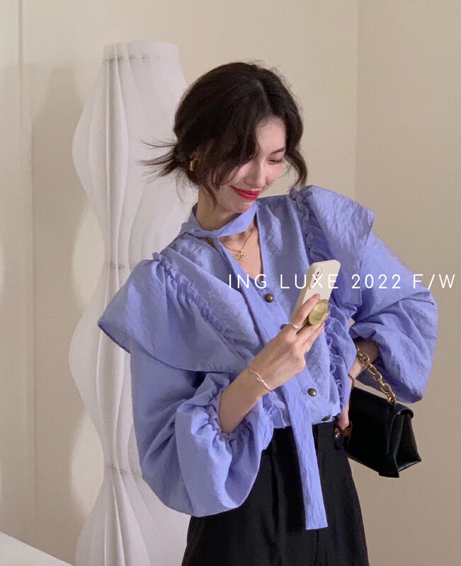 【ING】Dream purple lace-up ruffled shirt (with tie) 9319