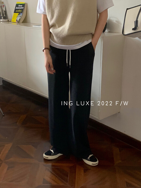 【ING】Casual High Waist Straight Drawstring Wide Leg Casual Pants 8149