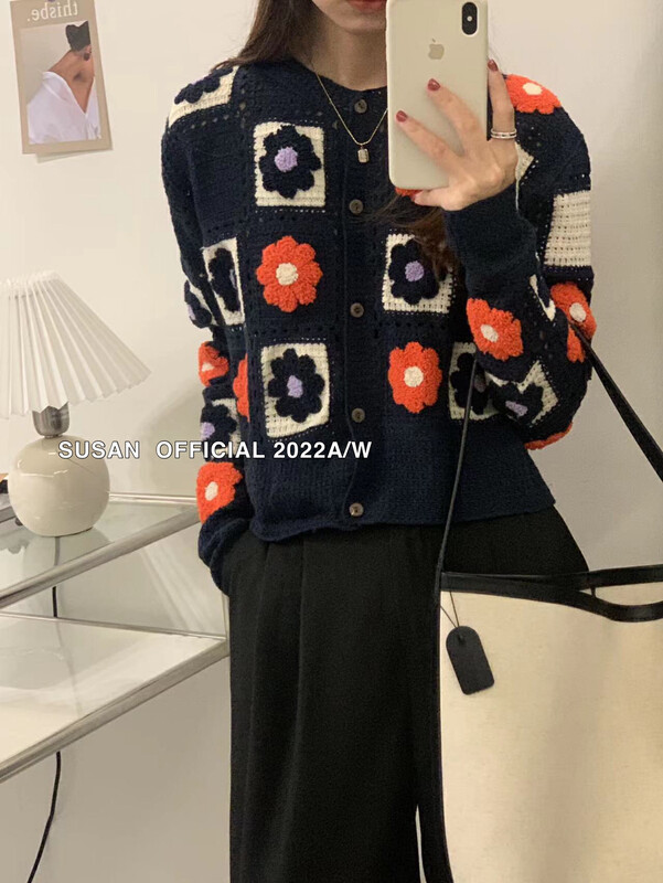 New in autumn! [SUSAN] Korean version color-blocking flower pattern knitted cardigan 81680# LSW