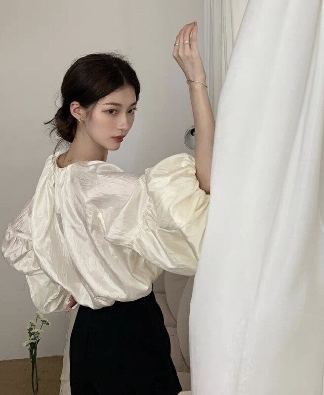 [ING] Pleated Pearl Drop Shoulder Big Sleeve Shirt 8300