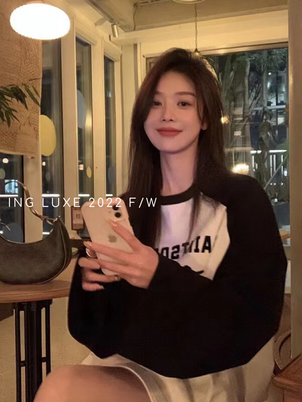 【ING】American retro casual round neck sweater long-sleeved T-shirt ING-8059