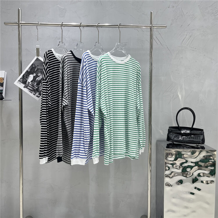【SANBARA】Lazy Striped Loose Retro Long Sleeve T-Shirt y9092# LSW