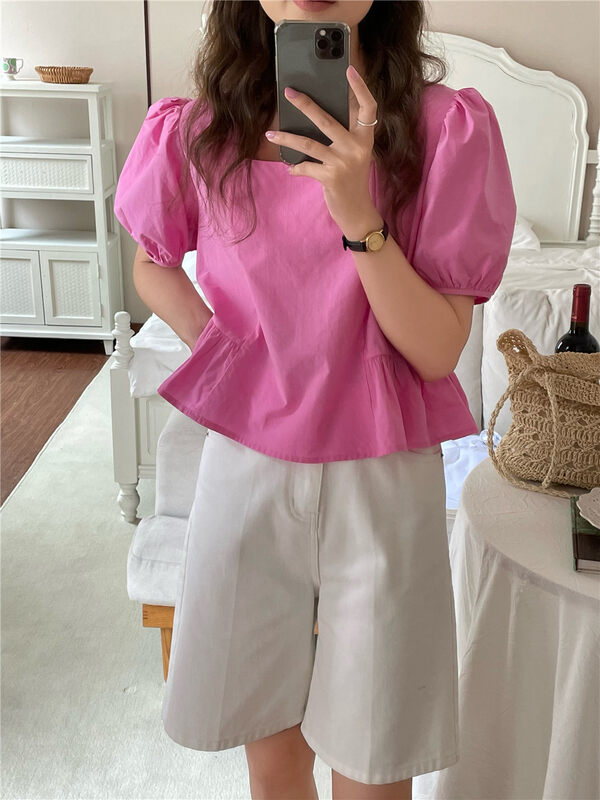 【FEIDING】Korean Square Neck Puff Sleeve Short Shirt 7889-J5t# CLS