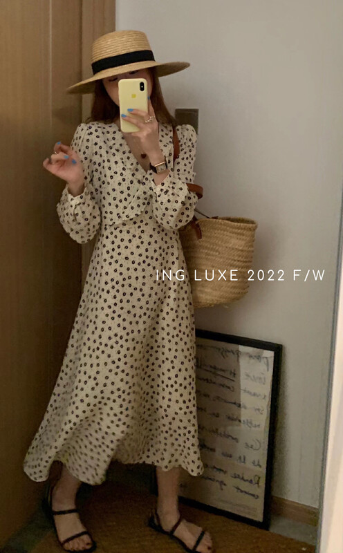 [ING] Temperament V-neck waist gentle floral dress ING-9281