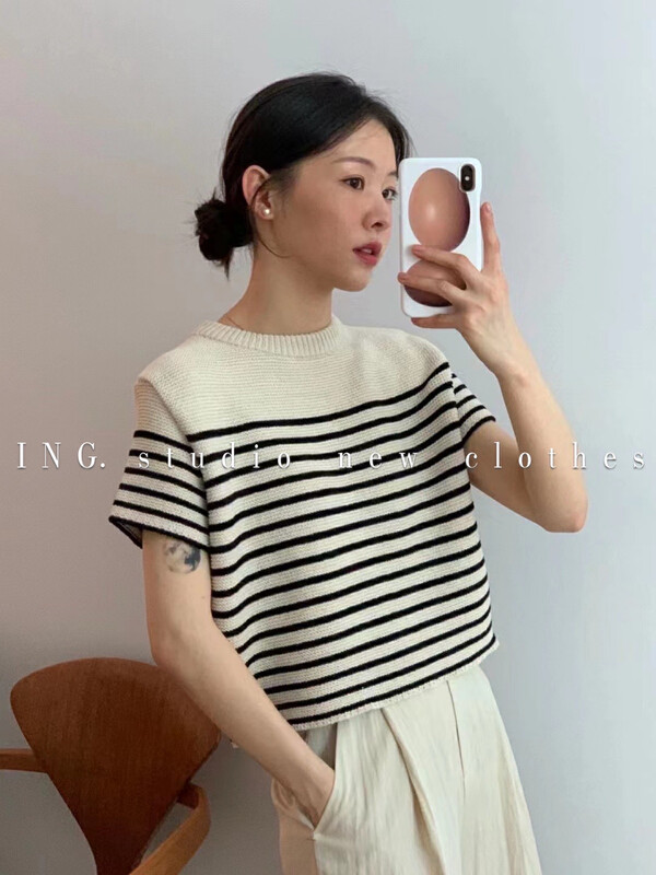 【ING】Korean style striped short-sleeved sweater YS1-w3650# FHX