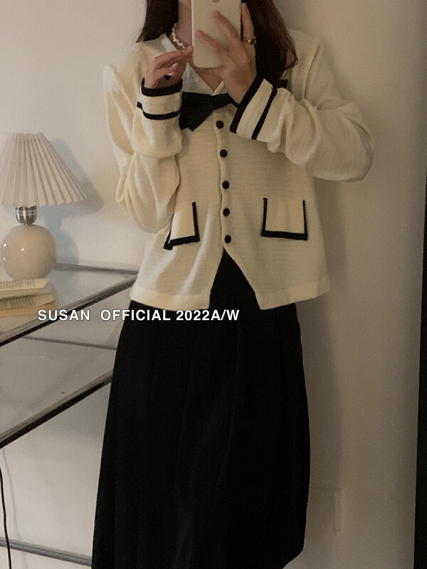 New in autumn! [SUSAN] Gentle contrasting bow knitted cardigan (with detachable bow) 81559# LSW