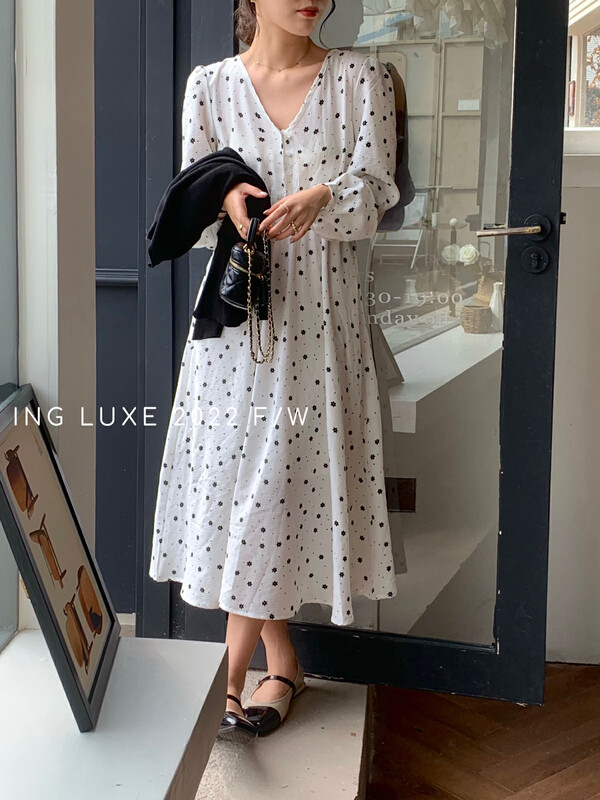 【ING】French V-neck waist floral dress ING-9282