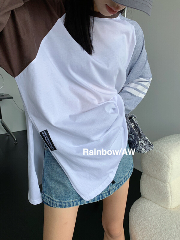 [RAINBOW] Contrast color sleeve retro color T long-sleeved T-shirt (color matching love) YS2-28771# FHX