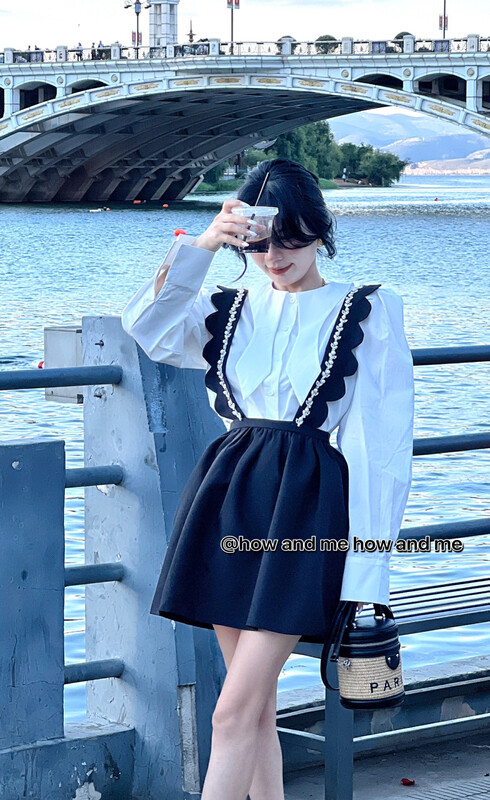 New in early autumn!【 HOW AND ME Cheng Xi】Sweet and cute shirt + heavy-duty diamond-studded suspender skirt two-piece suit 5006# CQW