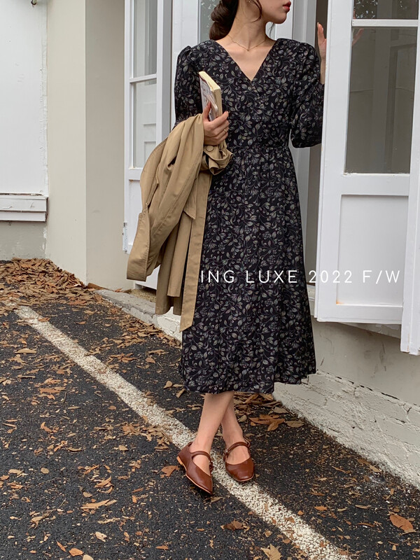 【ING】V-neck retro floral lace-up dress ING-8117