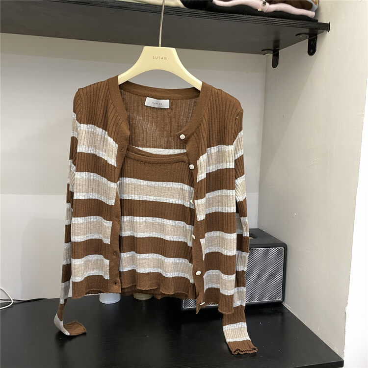 New in autumn!【SUSAN】Casual striped round neck knitted cardigan + camisole suit 11303# LSW