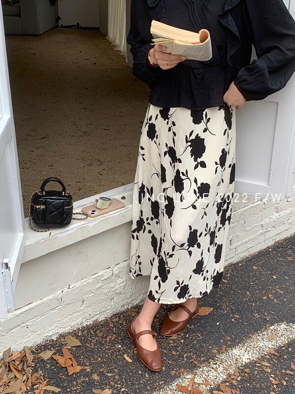 【ING】French temperament print pleated design skirt 9318