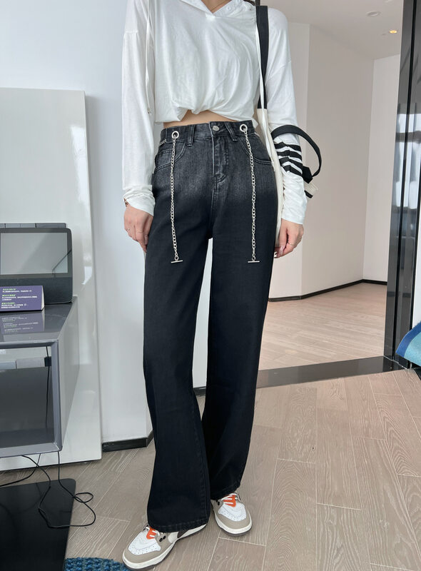 New in early autumn! [M8 Denim] Pure Black Versatile Straight Jeans (with Chain) 2888# LSL