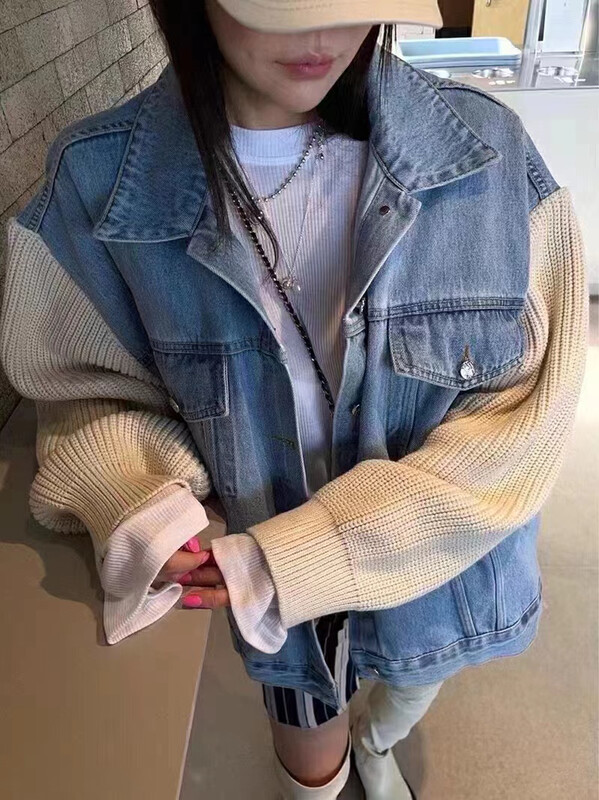 [RAINBOW] Big-name simple denim stitching knitted sleeve denim jacket 02189