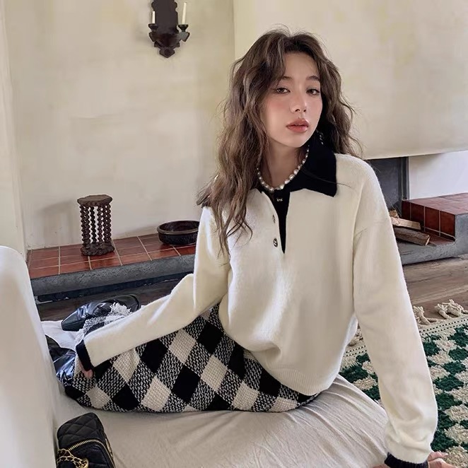 New in autumn!【SUSAN】Contrast color lapel all-match warm sweater 91019# LSW