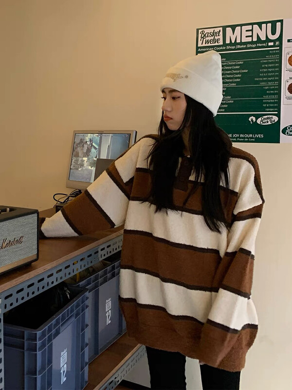 New in early autumn! [LAB EEDA] Fashion casual POLO collar striped warm sweater M66358# OZQ