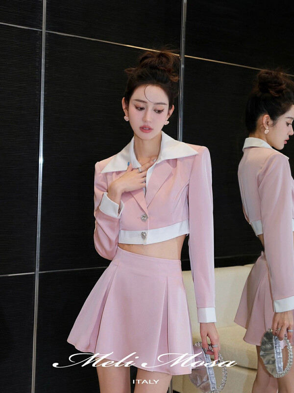 【ALLA EMELIA】Niche Haute Couture Small Fragrance Powder Color Matching Suit Top Half Skirt Suit T1930# JHY